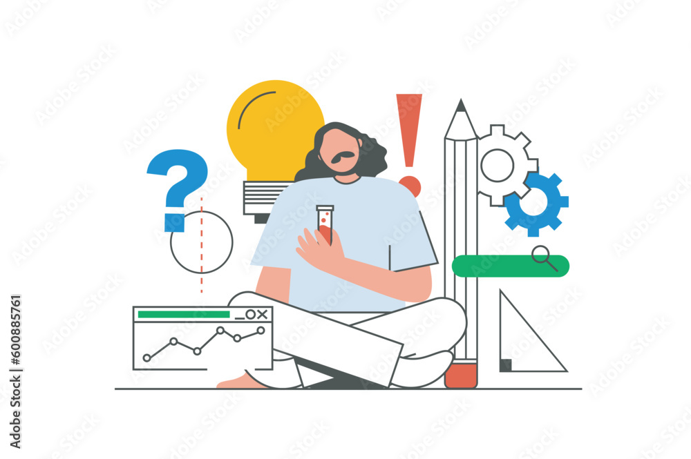 Aufkleber Science outline web concept with character scene. Man making tests, researching and experimenting in lab. People situation in flat line design. Vector illustration for social media marketing material.