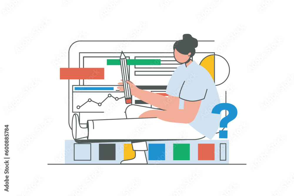 Poster Designer studio outline web concept with character scene. Woman drawing and creating for art projects. People situation in flat line design. Vector illustration for social media marketing material.