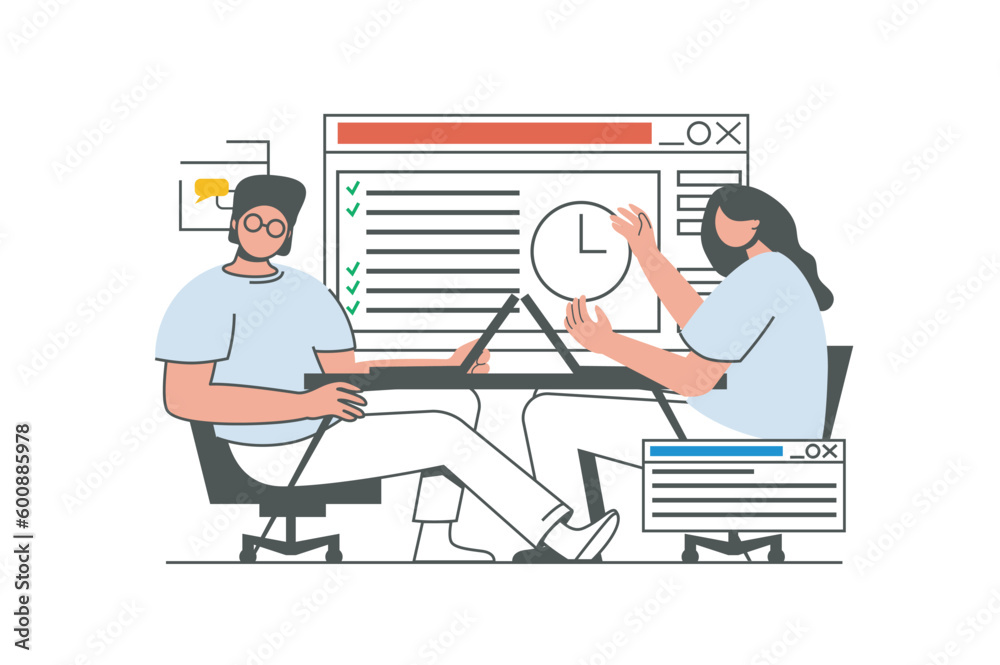 Canvas Prints office work outline web concept with character scene. man and woman brainstorming, discussing, do ta