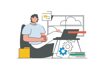 Freelance work outline web concept with character scene. Man doing tasks at laptop and connecting online. People situation in flat line design. Vector illustration for social media marketing material.