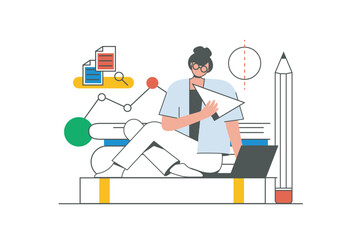 Back to school outline web concept with character scene. Student studying online and making homework. People situation in flat line design. Vector illustration for social media marketing material.