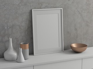 White vertical Poster Art Frame Mockup with passepartout in room, 3d rendering