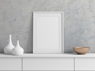 White vertical Poster Art Frame Mockup with passepartout in room, 3d rendering