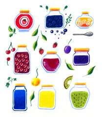 Colorful fruit preserves in jars flat illustration