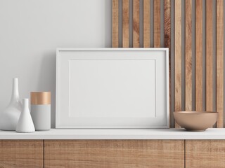 White Horizontal Poster Art Frame Mockup with passepartout near wooden wall, 3d rendering