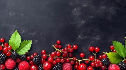 Delicious red currand with berries on black stone  background. Copy paste space banner. AI generated