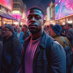 Fototapeta na wymiar Handsome black man standing on a busy city street with iridescent neon lights, Generative AI portrait