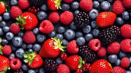 Obraz premium Fresh ripe berries mix. Tasty fruits background with AI generated