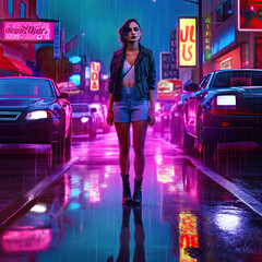 Beautiful woman standing on a busy city street with iridescent neon lights, Generative AI portrait
