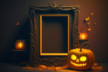 Vertical vintage black ornate frame mockup with pumpkins and jack o lantern. Empty blackboard print template for spooky poster or banner for Halloween. Generative AI