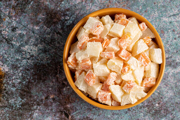 Olivier salad, potato salad, carrots and mayonnaise.