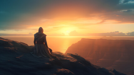 Fototapeta na wymiar A lonely Jedi looks into the distance against the backdrop of a sunset, ocean, sunset, meditation, Star Wars.