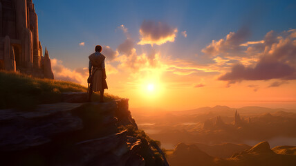 A lonely Jedi looks into the distance against the backdrop of a sunset, ocean, sunset, meditation,