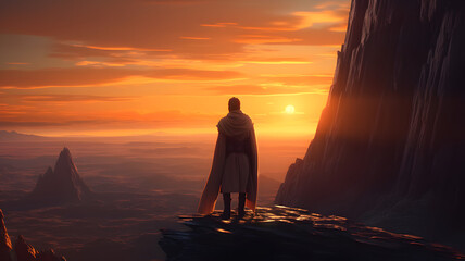 A lonely Jedi looks into the distance against the backdrop of a sunset, ocean, sunset, meditation, Star Wars. - obrazy, fototapety, plakaty