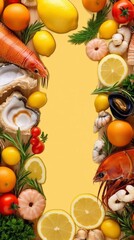 Shellfish seafood platter with fresh shrimp, mussels, oysters, fish, spices and citrus as a backdrop. Banner with copy space for text