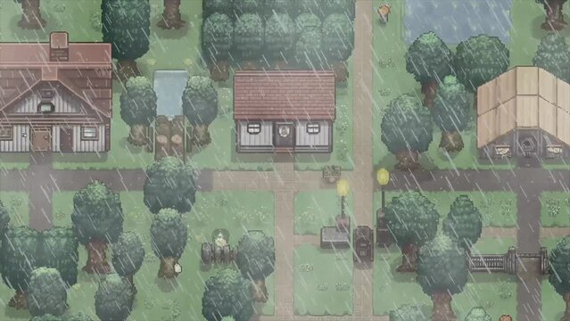 Pixelated Downpour: 32-bit Town in the Rain