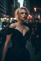 Fototapeta na wymiar a young beautiful blonde girl wearing a black dress on a new york street. generative AI