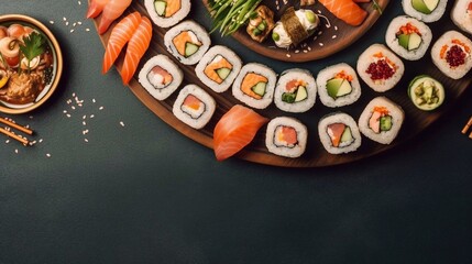 Selicious Sushi rolls set with rice and fish, soy sauce on a dark stone background. Top view, copy paste space. AI generated