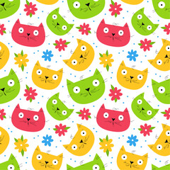 Cartoon cats seamless pattern, vector hand drawn design with cats and flowers on white background