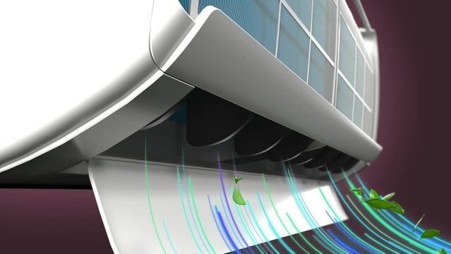 air conditionar air filter with bacteria and dust graphic animation, clean dirty air conditioning filter, ultra-fine dust to the filter by airflow is expressed in 3D video. 4k render