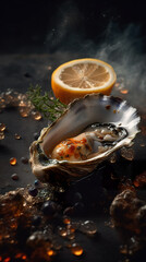 Fototapeta na wymiar Fresh oyster closeup with lemon and ice healthy sea food gourmet. Big oyster with liquid splash. Opened fresh oyster. Generative AI