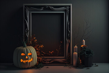 Vertical vintage ornate frame mockup with pumpkin jack o lantern and candle on black background. Empty blackboard print template for spooky poster or banner for Halloween. Generative AI