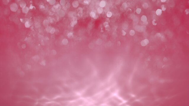 Abstract pink rose sparkling water bokeh glitter mock-up loop background. Concept 3D illustration for luxury showcase product packshot backplate. Elegant spring and summer season backdrop template.