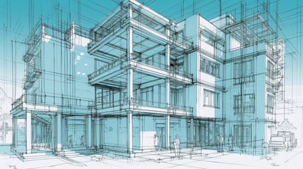 Real estate and construction concept illustration featuring a blueprint plan for a modern residential building Generative AI