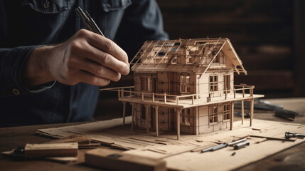 Skilled worker building a house from detailed blueprints Generative AI