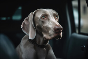 Calm weimaraner is waiting for owner on back seat in closed car. Huge dog is left alone in locked car. Leaving pets locked in cars is never safe created with Generative AI