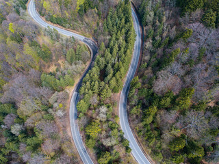 Mountain road. Landscape with forest and beautiful asphalt road in the afternoon in summer. Travel background. Highway in mountains. Transportation