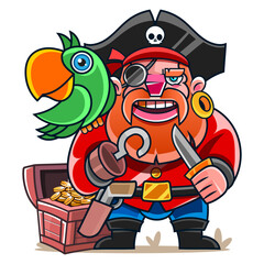 Cutout silhouette of the captain of a pirate ship in a hat with a skull and crossbones. Bearded pirate