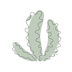 Seaweed drawn in one continuous line with green color spots. One line drawing, minimalism. Vector illustration.