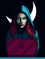 Hacker with computer. Hooded girl with laptop under the moonlight. Hacking connection. Steal information and spread it online