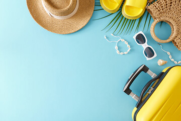 Create unforgettable memories with our summer travel concept. Top view flat lay of yellow suitcase beach accessories and tropical leaf on light blue background with empty space for text or advert