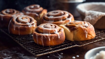 Close-up of cinnamon buns  on Cooling Rack, drizzled with icing, created with generative ai. Cinnamon rolls or Cinnamon buns
