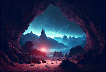 Beautiful Alien landscape with mountains made with Generative AI 