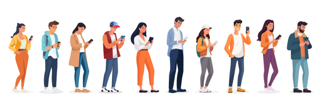 Young People - Man Woman - Looking on Smartphones and Chatting. Happy Boy, Girls, Men, Women Talking, Typing on Phone. Female, Male Flat, Cartoon Characters Set, Collection. Vector Illustration