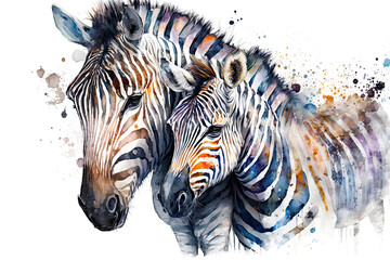 Fototapeta na wymiar Watercolor Colorful Portrait Splatter Painting of Zebra Mother with Baby. AI generative. Isolated on White Background