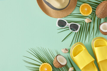 Trendy summer concept. Top view flat lay of sunhat, yellow flip flops, sunglasses, orange, coconut,...