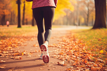 Back view of close-up of a womans leg running in autumn park. Generative AI