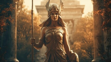 Fototapeta na wymiar Born from the Mind of Zeus: Athena, Goddess of Wisdom and Strategic Warfare in Greek Mythology by Generative AI