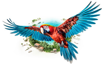 Fototapeta premium Parrot ara flies over a tropical island, top view. White background. Generative AI