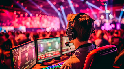 Naklejka premium Professional gamer competing in an esports tournament. Generative AI