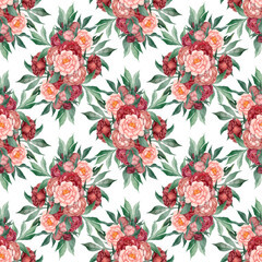 Seamless floral pattern with peonies and leaves, watercolor illustration. Template design for textiles, interior, clothes, wallpaper