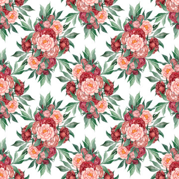 Seamless floral pattern with peonies and leaves, watercolor illustration. Template design for textiles, interior, clothes, wallpaper