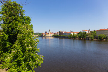 Sunny Prague City above River Vltava, Czech Republic