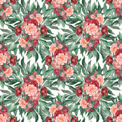 Seamless floral pattern with peonies and leaves, watercolor illustration. Template design for textiles, interior, clothes, wallpaper