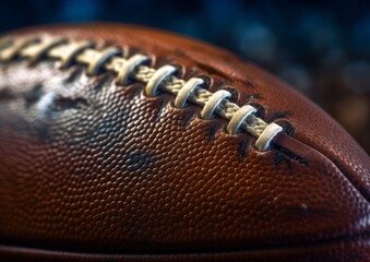 Detailed Macro Close-up of Leather Football with Laces and Stitching. Generative AI.