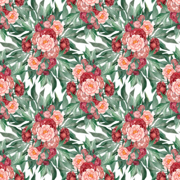 Seamless floral pattern with peonies and leaves, watercolor illustration. Template design for textiles, interior, clothes, wallpaper